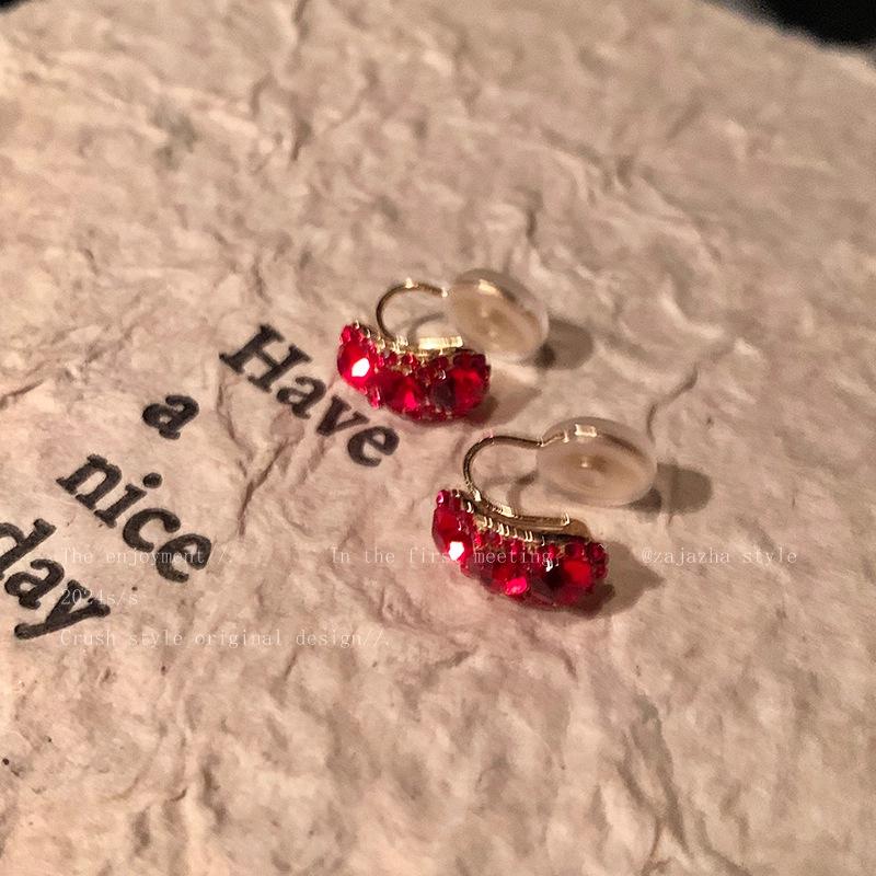 Sterling Silver Red Ear Clip Earrings (No Piercing) - Chinese New Year 2026 Girls' New Style, Light Luxury High-End.