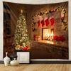 American Christmas Tapestry for Living Room Xmas Tree Fireplace Printed Wall Hanging Cloth Soft Square Holiday Home Decoration