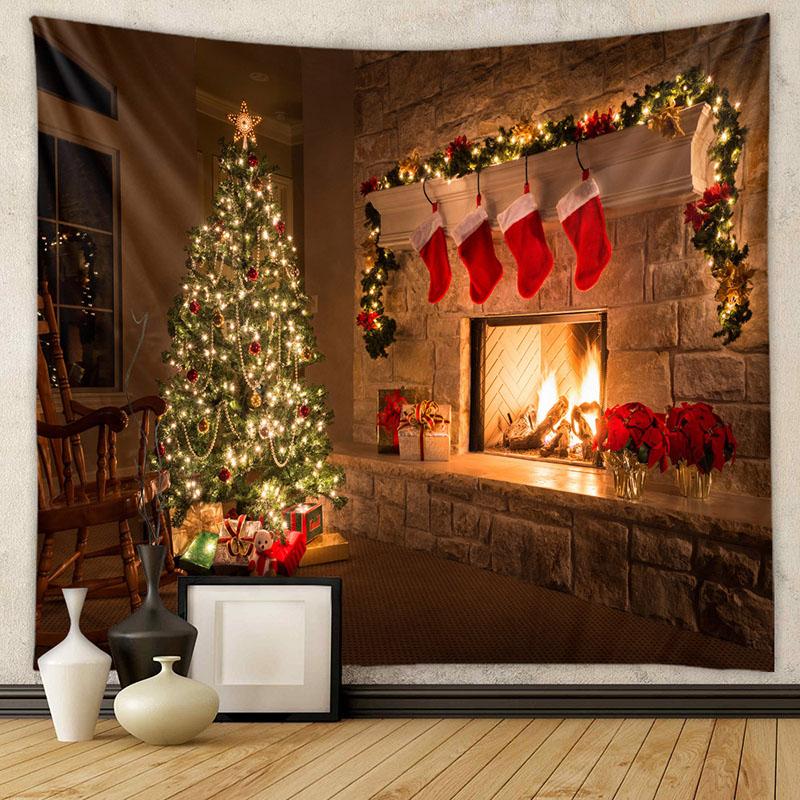 American Christmas Tapestry for Living Room Xmas Tree Fireplace Printed Wall Hanging Cloth Soft Square Holiday Home Decoration