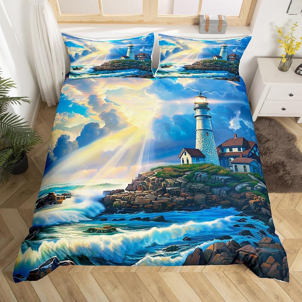 Ocean Beach Duvet Cover Full Lighthouse Comforter Cover Floral Butterfly Bedding Set for Adults Kids Summer Vacation Quilt Cover