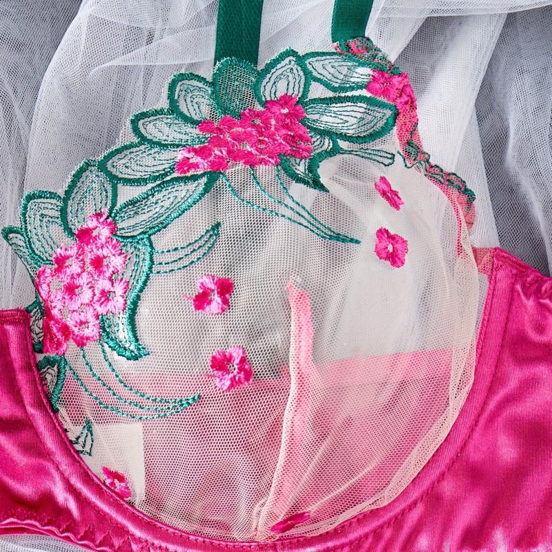 2-Piece Plus Size Naughty Lingerie Set - Sexy Floral Embroidered Sheer Mesh Bra and Thong Costume for Women