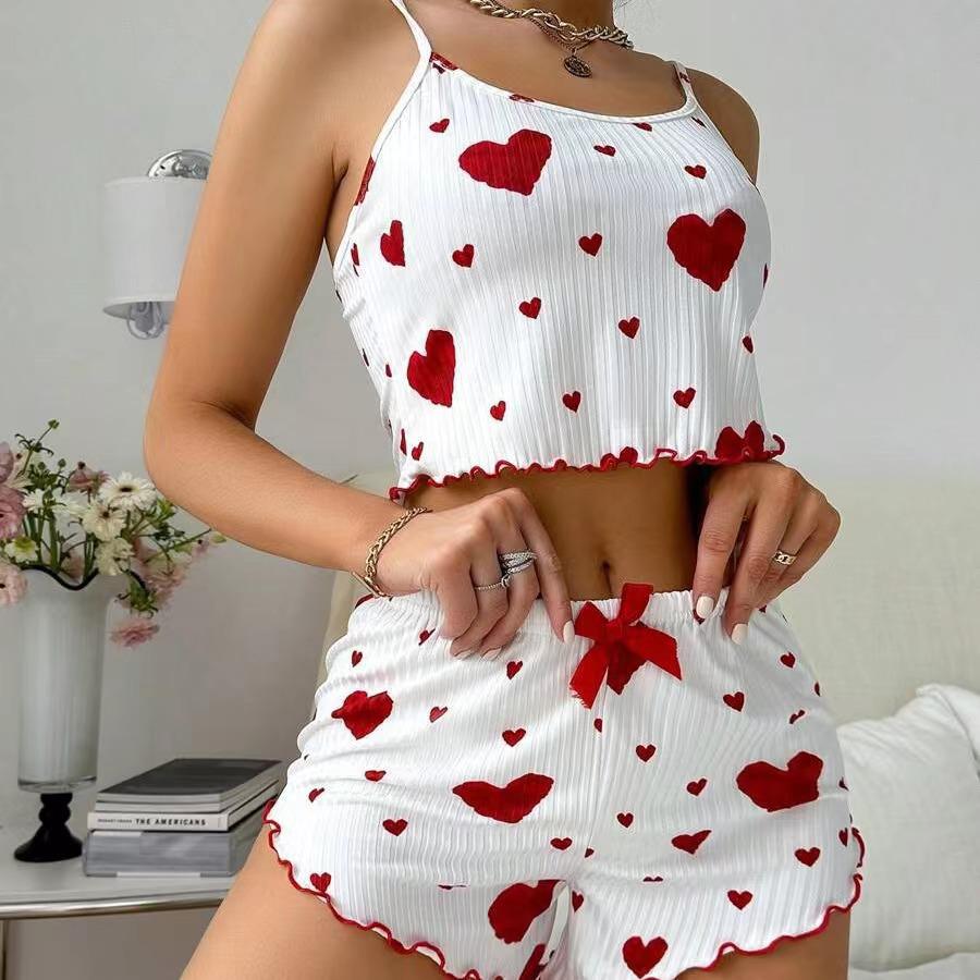 

2024 Chic Heart Print Knit Camisole & Shorts Pajama Set for Women - European and American Summer Design Extra Large червоний