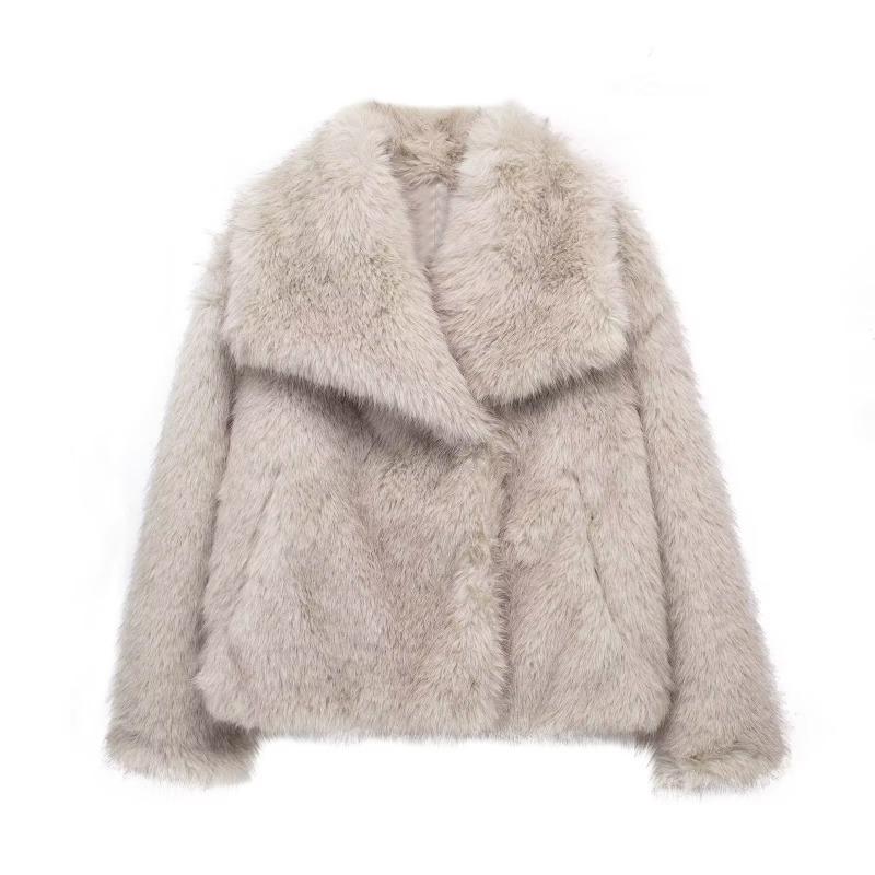 Women's Fall Winter Faux Fox Fur Jacket Fashionable Turn-down Collar Coat Luxurious Cozy Solid Color Overcoat