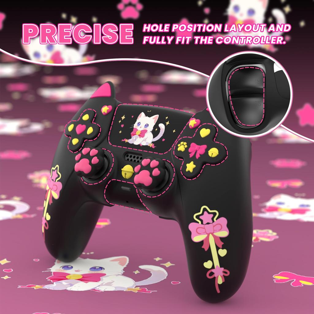 Silikon-Schutzhülle für PlayVital Sweetheart Kitty PS5-Joystickkappe und Aufklebergriff, auch kompatibel mit offizieller Ladestation, Schwarz