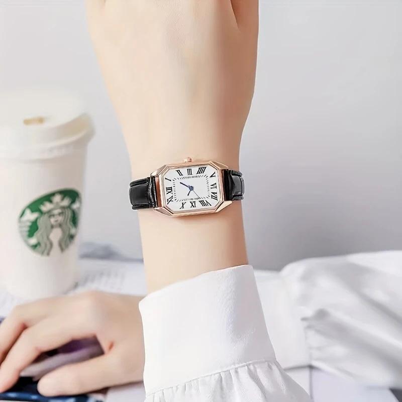1pc-Fashionable and Casual Rectangular Pointer Quartz Watch, Retro PU Leather Women's Watch