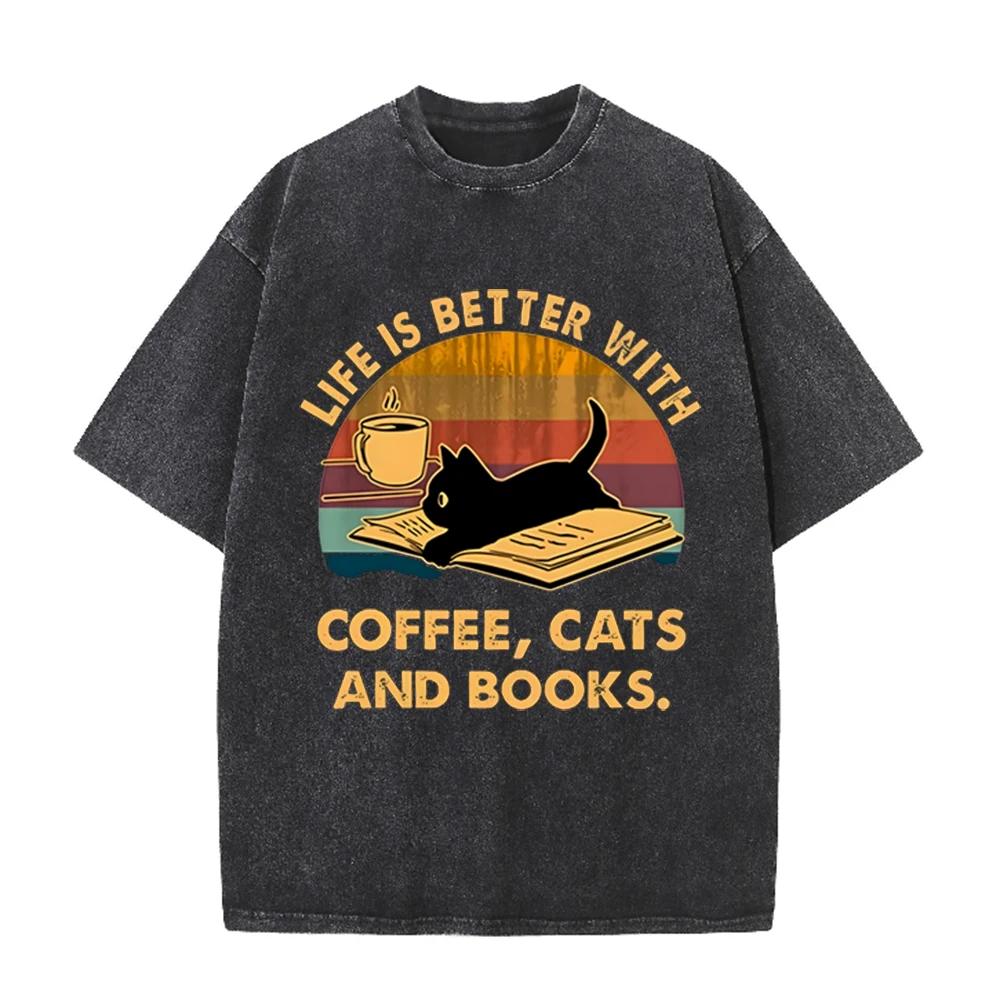 2026 Hot Life Is Better With Coffee Cats And Books Print T-Shirt Loose Short Sleeve Harajuku Casual Tops Women Men T-Shirt