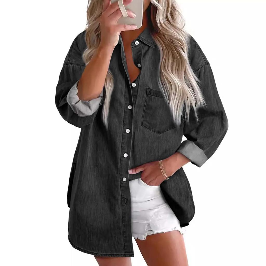 Women Denim Shirts Button Down Blouse Long Sleeve V Neck Casual Tops Comfy Long Shirt for Women