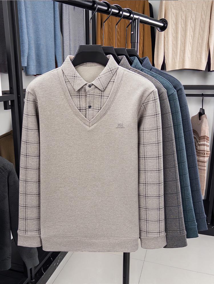 Men's Wool & Silk Two-Piece Look Sweater, Turn-Down Collar, Plus Velvet Lining, Warm Knitted Winter Wear for Dad