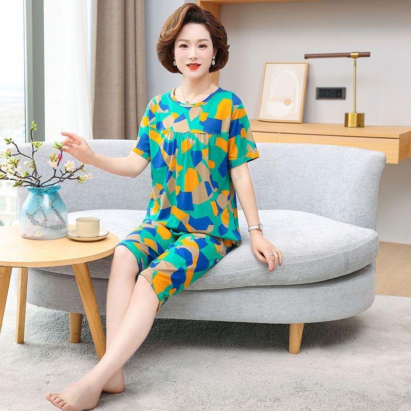 Middle Aged and Elderly Mothers Pajamas Women's Short Sleeved Home Clothing Spring and Autumn Sets Summer Oversized Loose Fitting