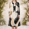 Women Plus Size Abstract Printed Two Piece Set Round Neck Long Sleeve Cardigan Sleeveless Midi Dress