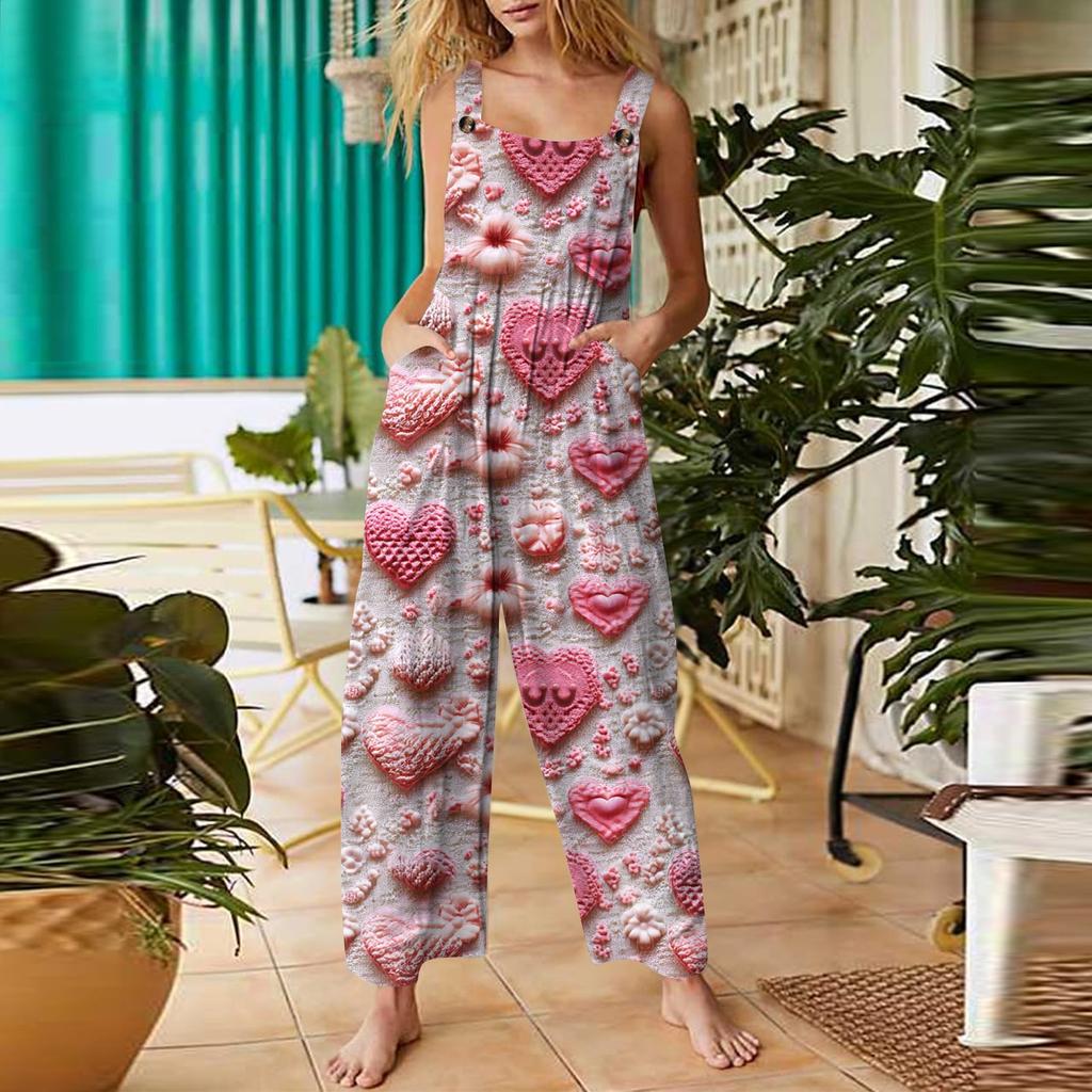 Damen Casual Jumpsuit Valentinstag Herzbedruckter Baumwolljumpsuit