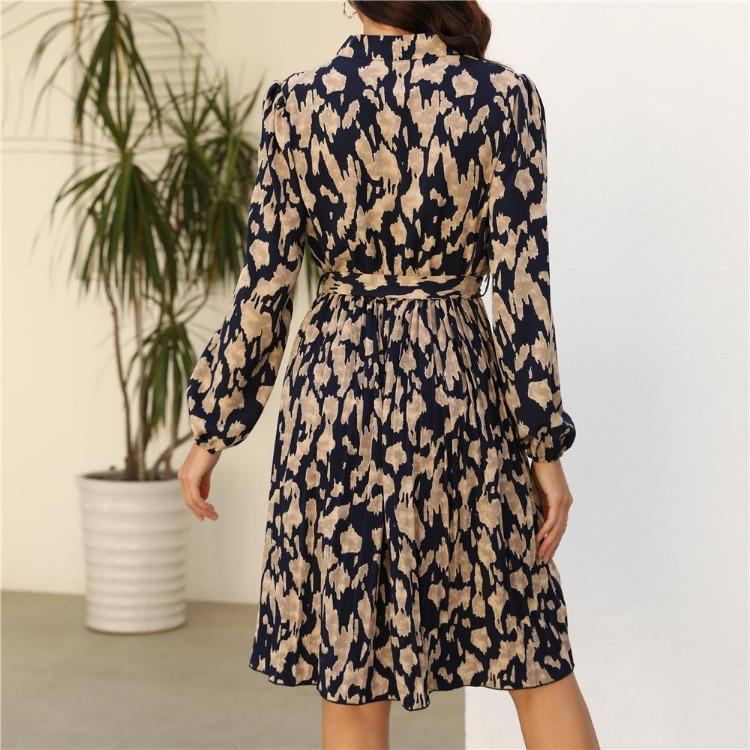 Women's Spring Floral Print V Neck Lace Up Dress Long Sleeve High Waist Knee Length Pleated