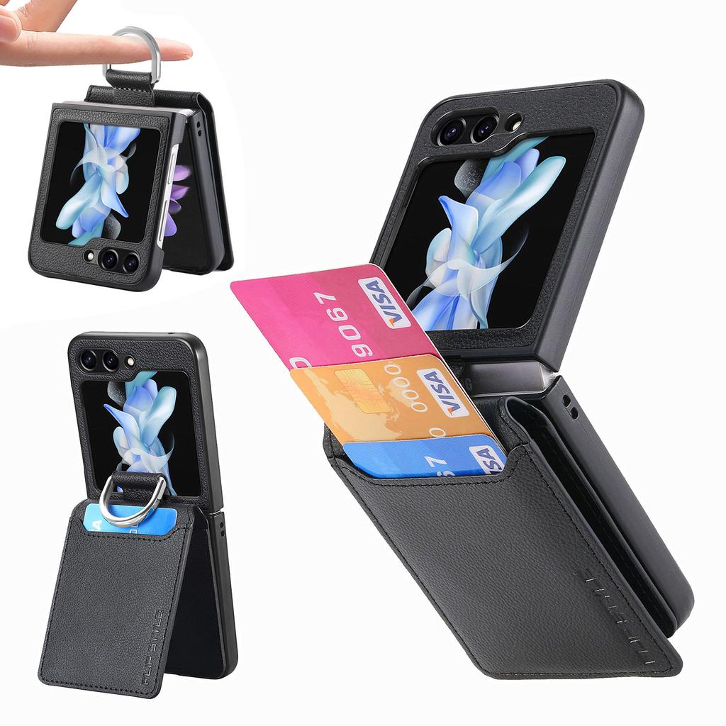 For Samsung Galaxy Z Flip6 5G Phone Case Card Slot Kickstand PU+PC Cover with Finger Ring