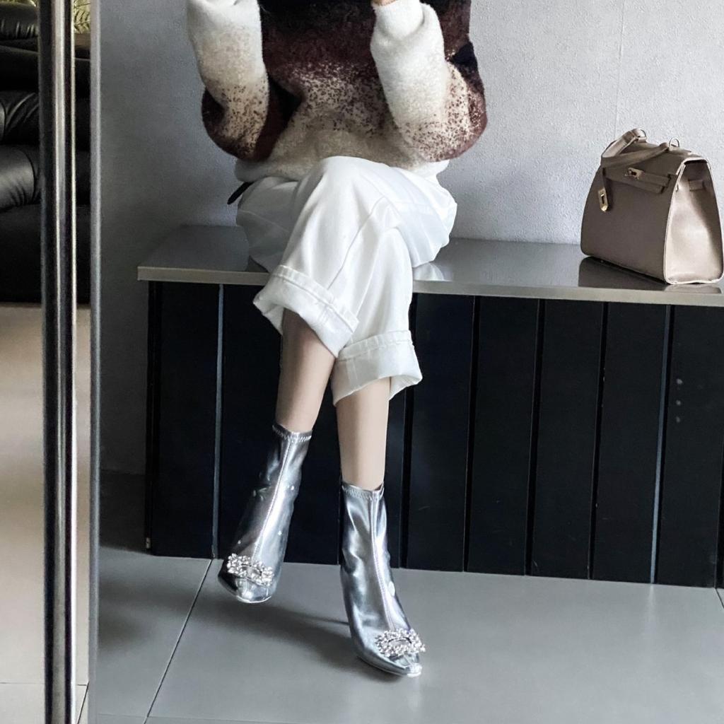 2025 autumn new rhinestone pointed thin heel high heel temperament French fashion sexy beautiful women short boots