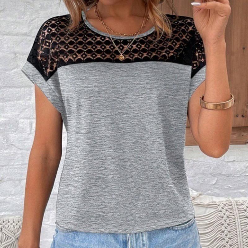 Ladies Summer Short Sleeve O Neck Lace Splice Solid Color Jacquard Pullover Hollow T Shirt Top