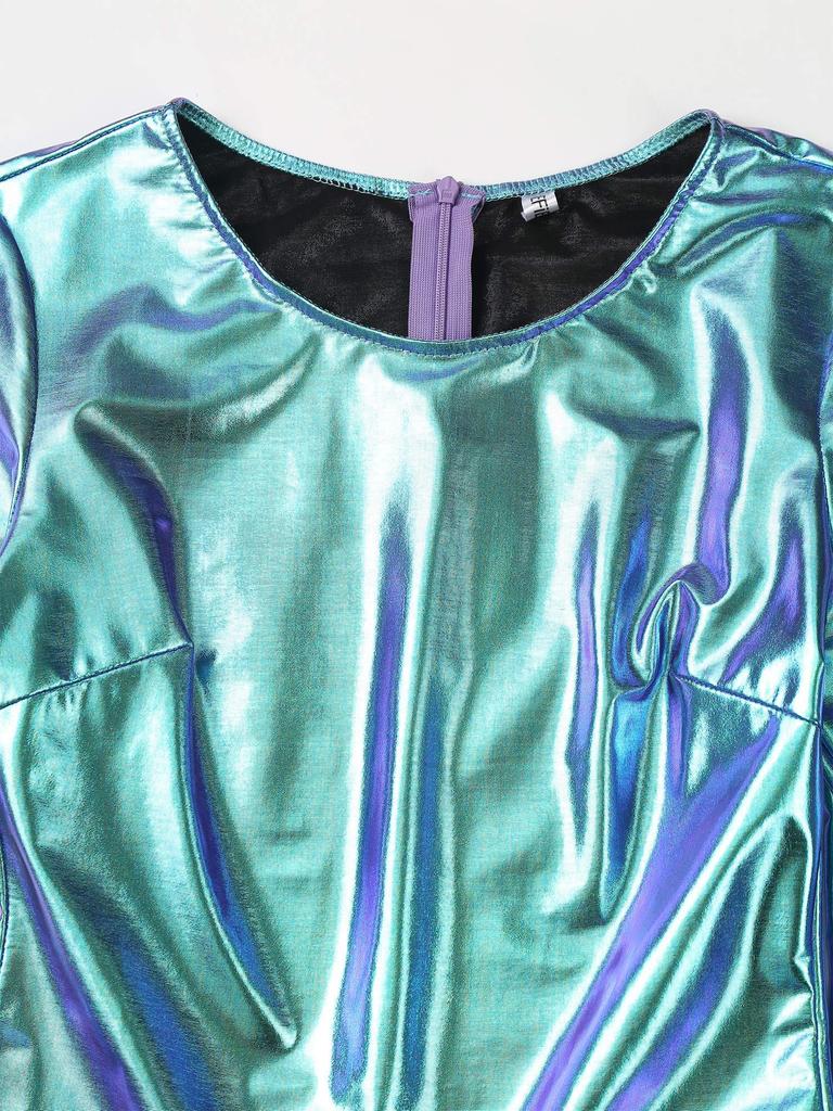 Womens Metallic Bodysuit Shiny Unitard Long Sleeve Round Neck Full Coverage Slim Fit Dance Performance Wear