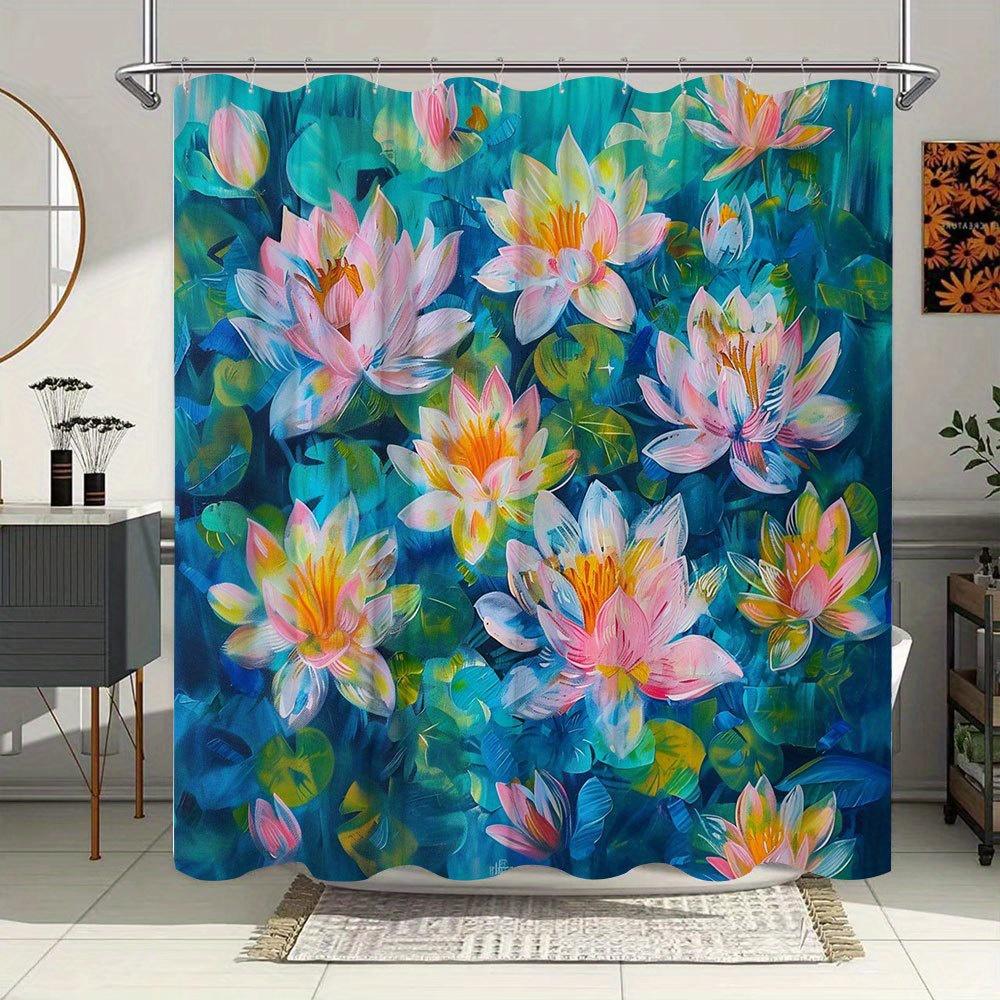 1pc Water Lily Pond Shower Curtain - Watercolor Impressionist Floral Design with Pink & White Flowers, Yellow Centers, Green