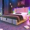 Platform Bed 90/140/160x200CM Double with USB Type-C Charging Station APP Control LED Slatted Frame Wooden Storage Space Modern Beige Linen