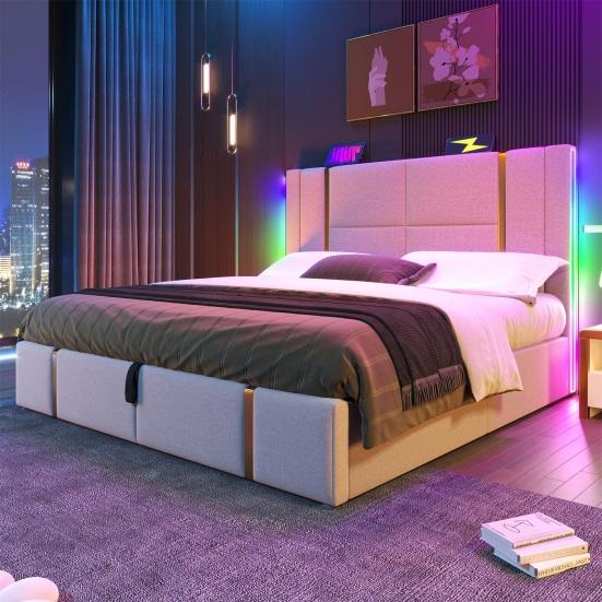 Platform Bed 90/140/160x200CM Double with USB Type-C Charging Station APP Control LED Slatted Frame Wooden Storage Space Modern Beige Linen