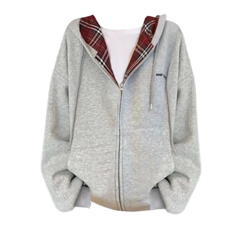 Plus Size Retro Plaid Patchwork Hooded Fleece Sweatshirt for Women - Autumn/Winter Lazy Style