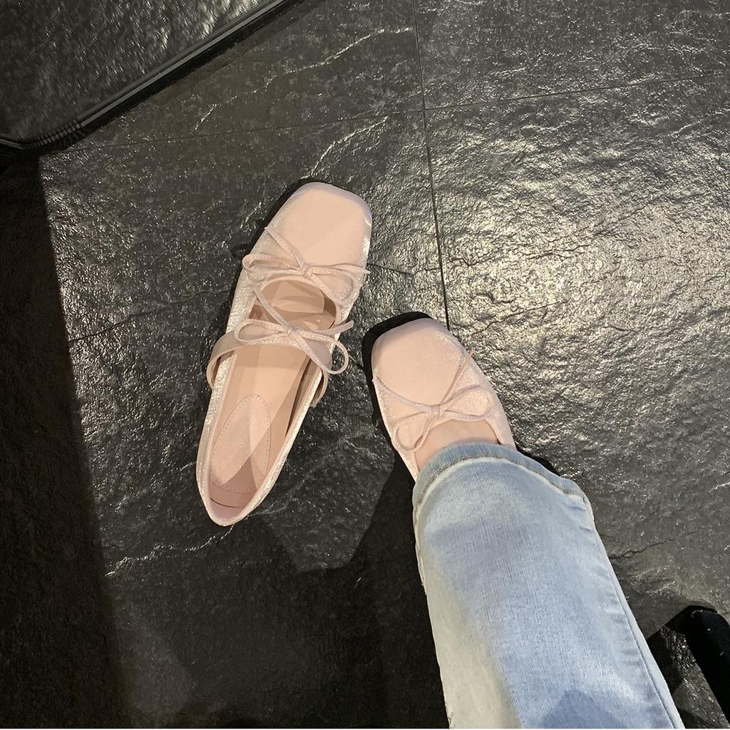Height Increase 4cm~ Bow Square Head Versatile Light Mouth Mary Jane Single Shoes Women's Spring and Summer Ballet Shoes Streamer Fairy