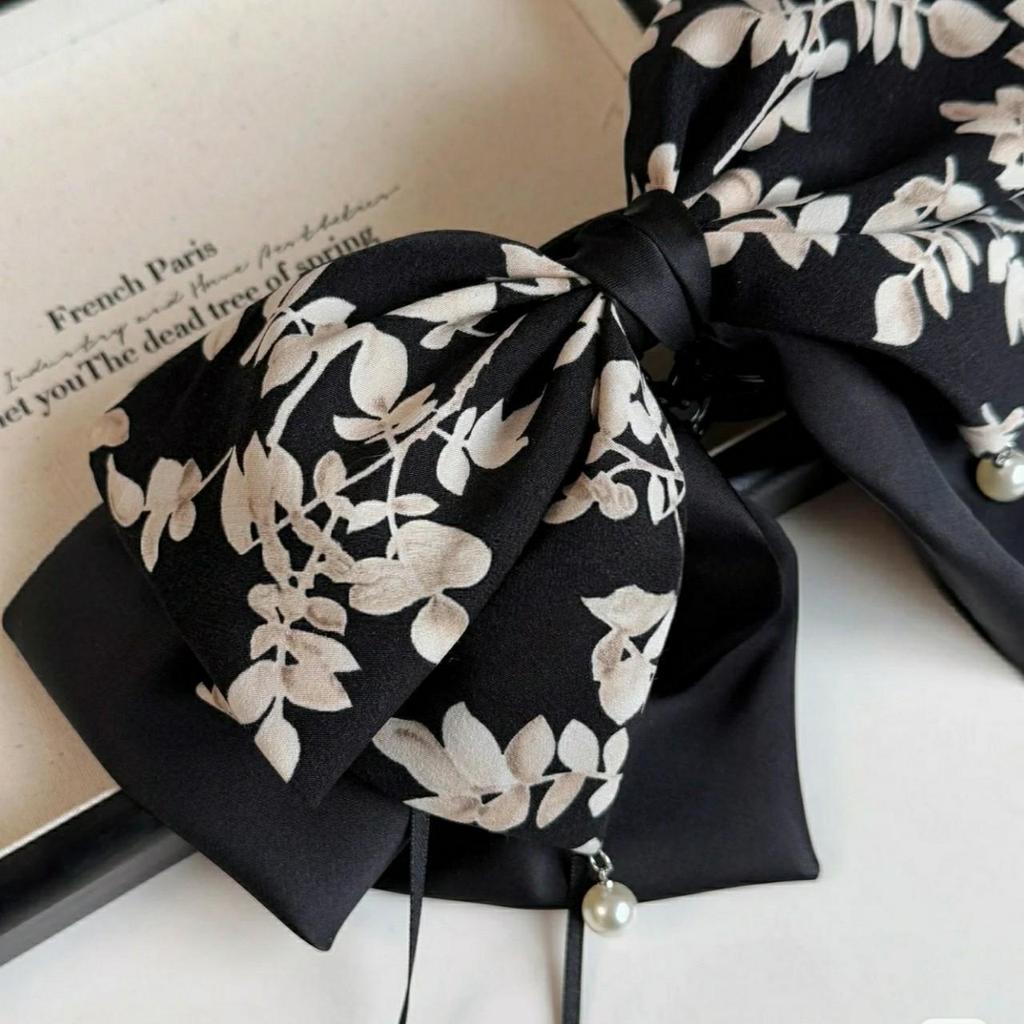 Elegant French Retro Bow Ponytail Clip and Ink Wash Skirt Hair Tie for Women