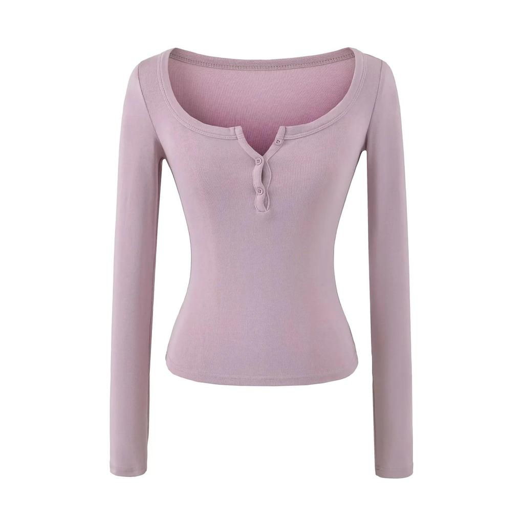 European American Cashmere Spicy Girl Square Neck Long Sleeve Slim Fit T-Shirt with Half Open Collar.