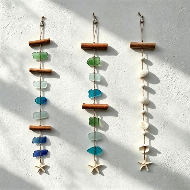 Farmhouses Beach Theme Wind Chimes With Sea Glass Shell And Wooden Accent Coastal Wall Art Hanging Pendants Decors