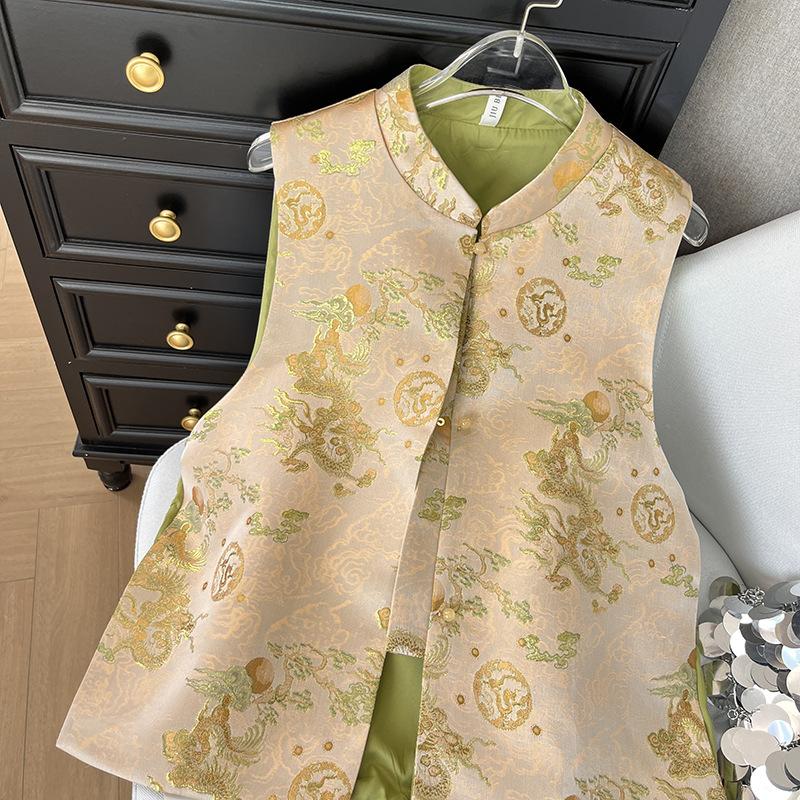 

Ретро жаккардовый жилет без рукавов со стойкой воротником, женский, улучшенный жилет для ранней весны XXXL [Recommended 138-75kg]