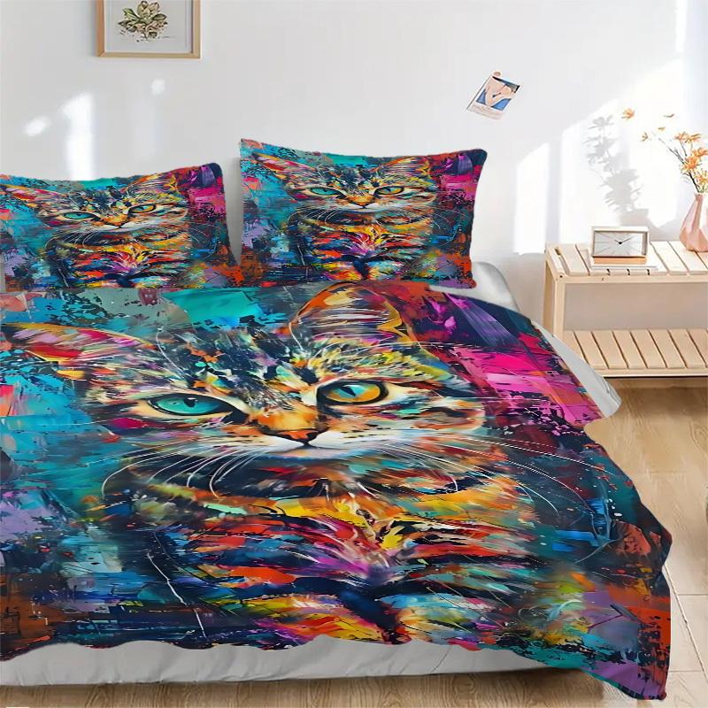 3pcs Colorful Cat Art Print Duvet Cover Set - Includes 1 Duvet Cover and 2 Pillowcases, No Quilt Core, All-Season Home Decor Yy251111058