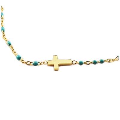 [R0057] - Designer Steel Bracelet 'Cross' Turquoise Gold - 10x7 Mm