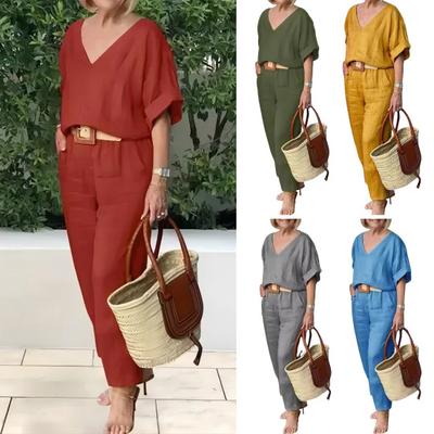 2 Adet/Set Bluz Pantolon Takımı V Yaka Uzun Kollu Üst Geniş Paça Bol Elastik Belli Pantolonlar OL İş Seyahati Günlük Ev Giyim Kıyafeti