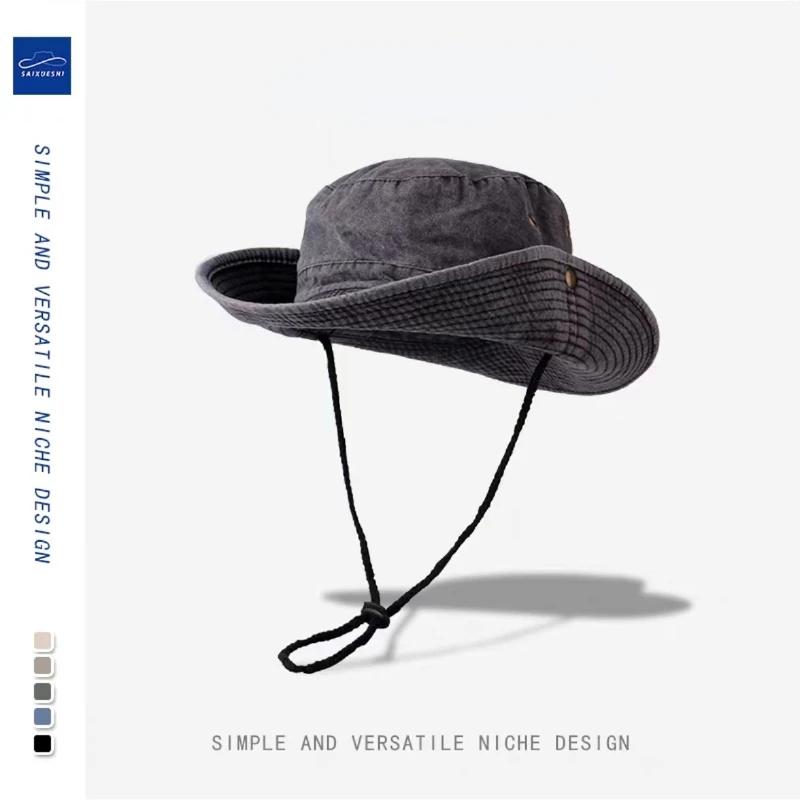 2025 Blue Cowboy Bucket Hat with String Men Denim Beach Sun Hat for Women Outdoor Hiking Couple Bob Panama Summer Fisherman Hat