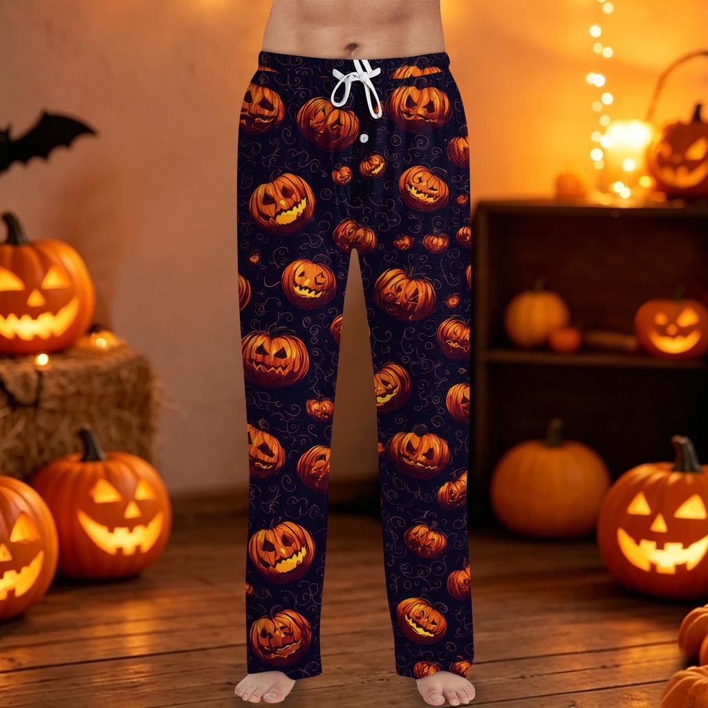 Men Drawstring Waist Halloween Print Casual Pants Relaxed Fit Long Trousers with Pumpkin and Bat Pattern for Daily Wear