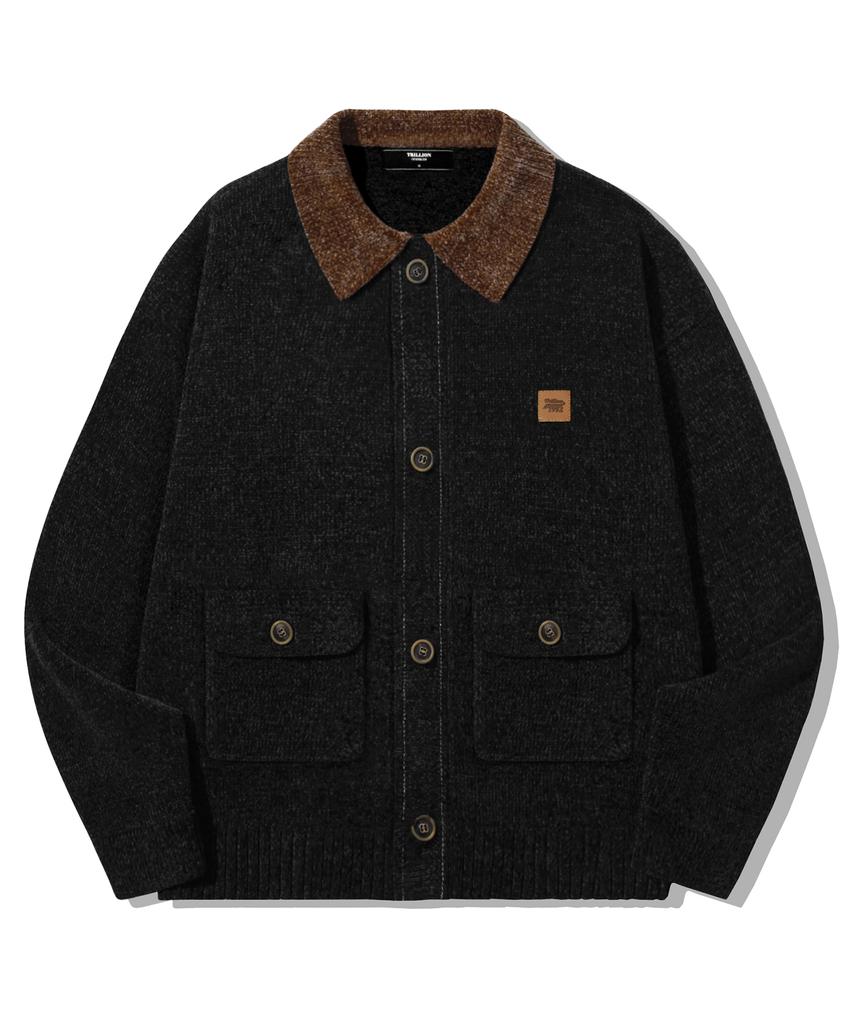 TRILLION Leather Patchwork Velvet Cardigan Knit_Black