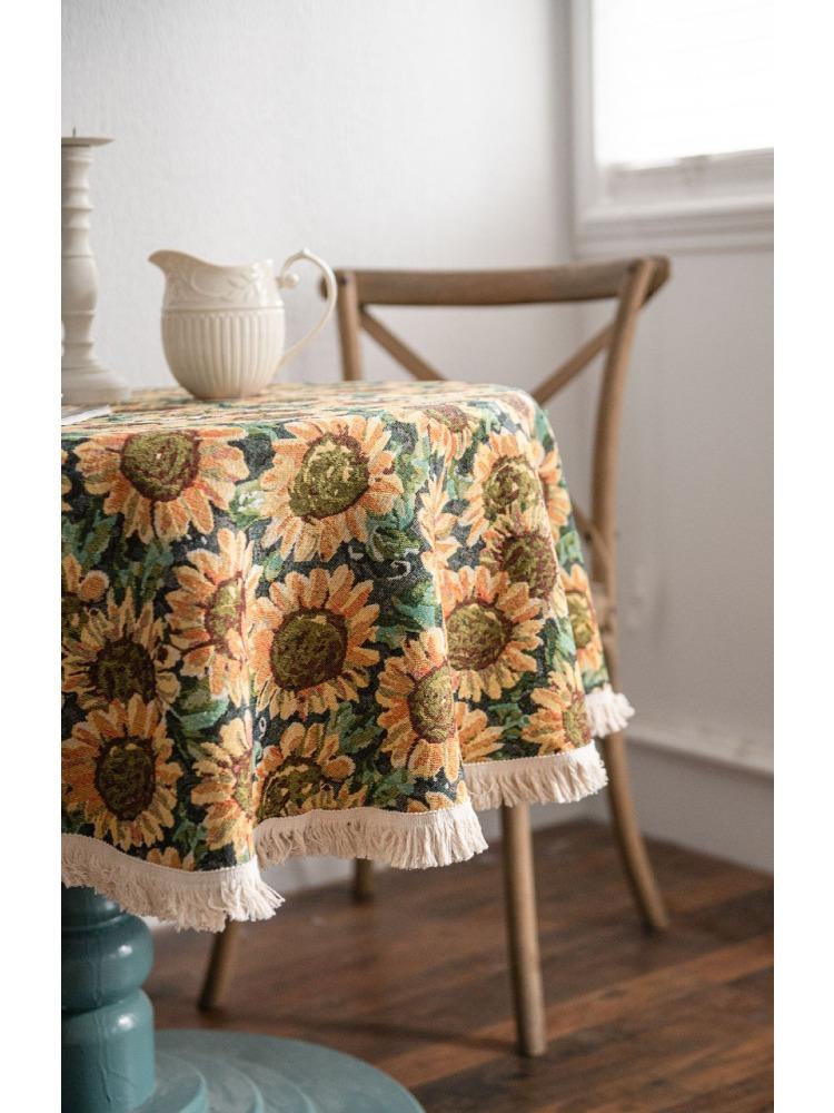 Amerikanische Tischdecke Jacquard Sonnenblume Tischdecke Runde Tischdecke Geeignet für Feiertagsküchen, Wohnzimmer, Familientreffen