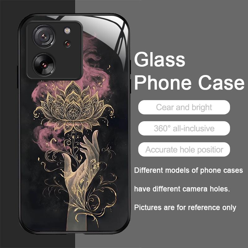 Artistic Lotus Flower Pattern Tempered Glass Phone Case for Motorola Moto G85 G84 G75 G55 G24 Edge 50 Fusion 40 Neo 30 Pro Cover