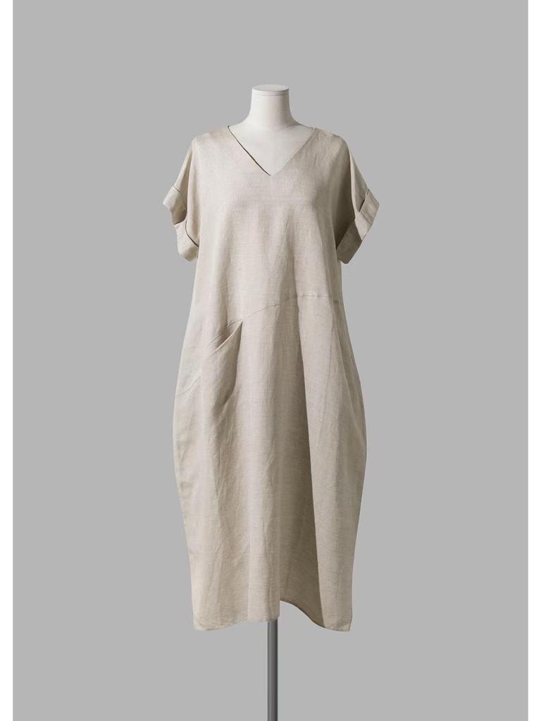 Japanese Retro Linen V-neck Dress with Big Pockets (2025 Collection)