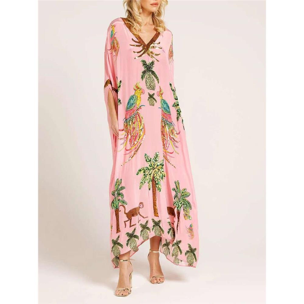 Women's Bat Sleeve V-neck Print Loose Long Classic Retro Dress Clothes Sale
