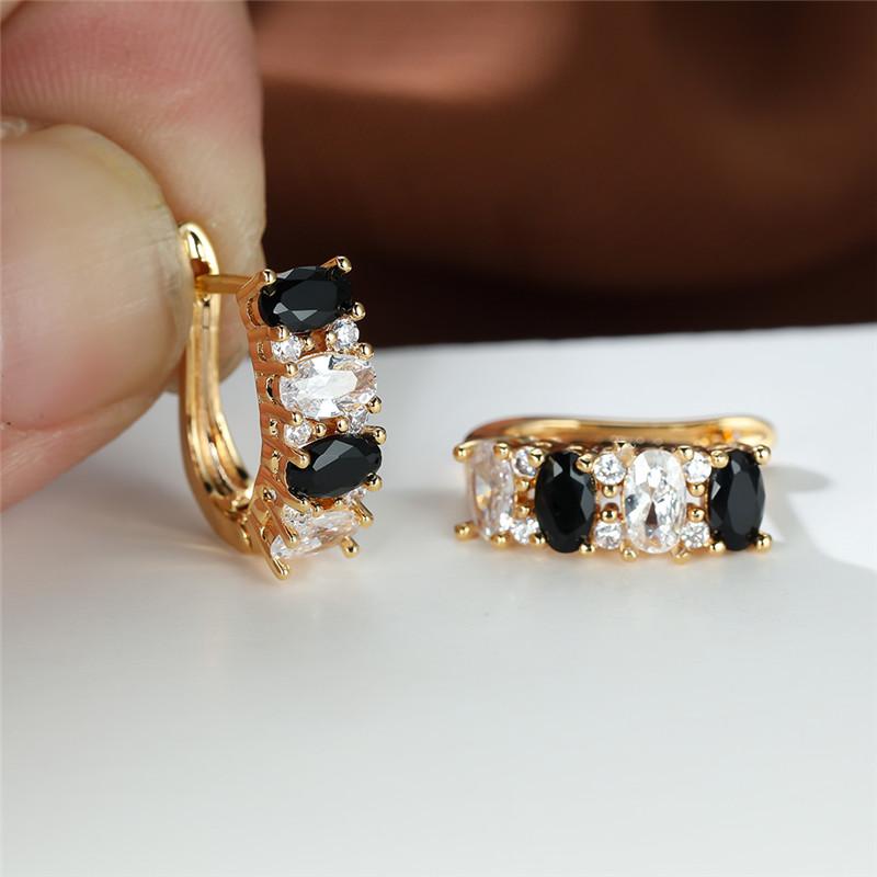 Cute Black White Zircon Hoop Earrings Female Luxury Crystal Oval Stone Gold Color Wedding Jewelry For Women