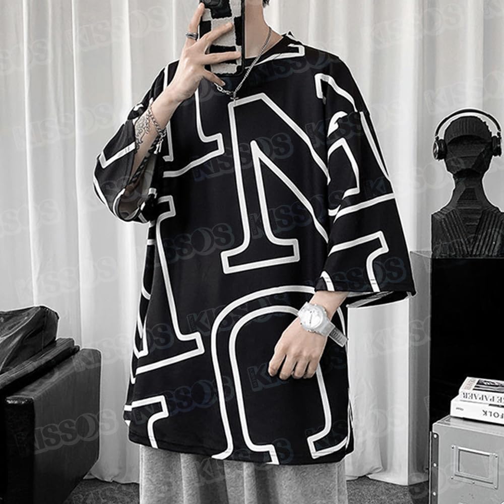 KISSOS Loose Fit Korean Casual Top Men's T-Shirt, All-Over Print, 3/4 Sleeve, Fashion, (XL)