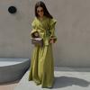 Women Olive Green Notch Lapel Tie Waist Long Sleeve Top and Maxi Skirt Set Casual Two Piece Outfit