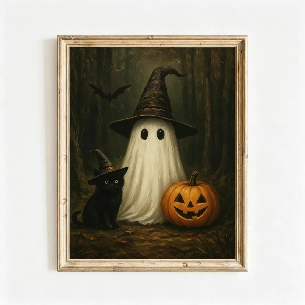 Printable Vintage Halloween Wall Art Witch & Ghost Art Spooky Black Cat Print Gothic Moody Halloween Room Decor Gift Poster