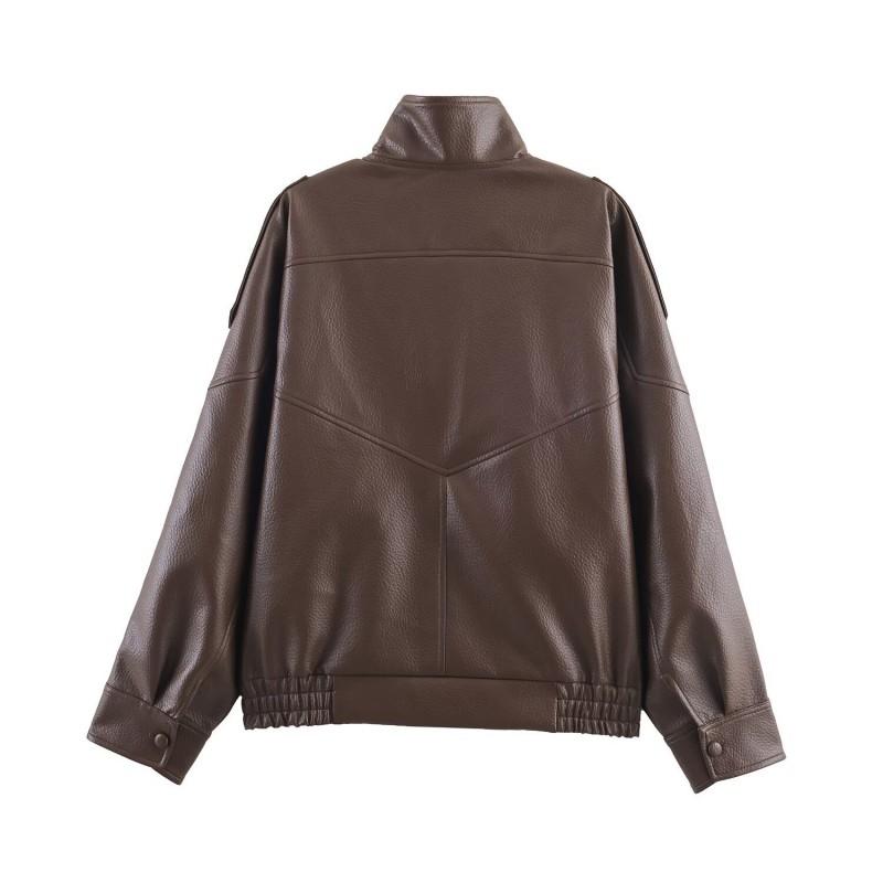 Womens Faux Leather Jacket With Stand Collar Elastic Hem Streetwear Style Geometric Print Regular Fit