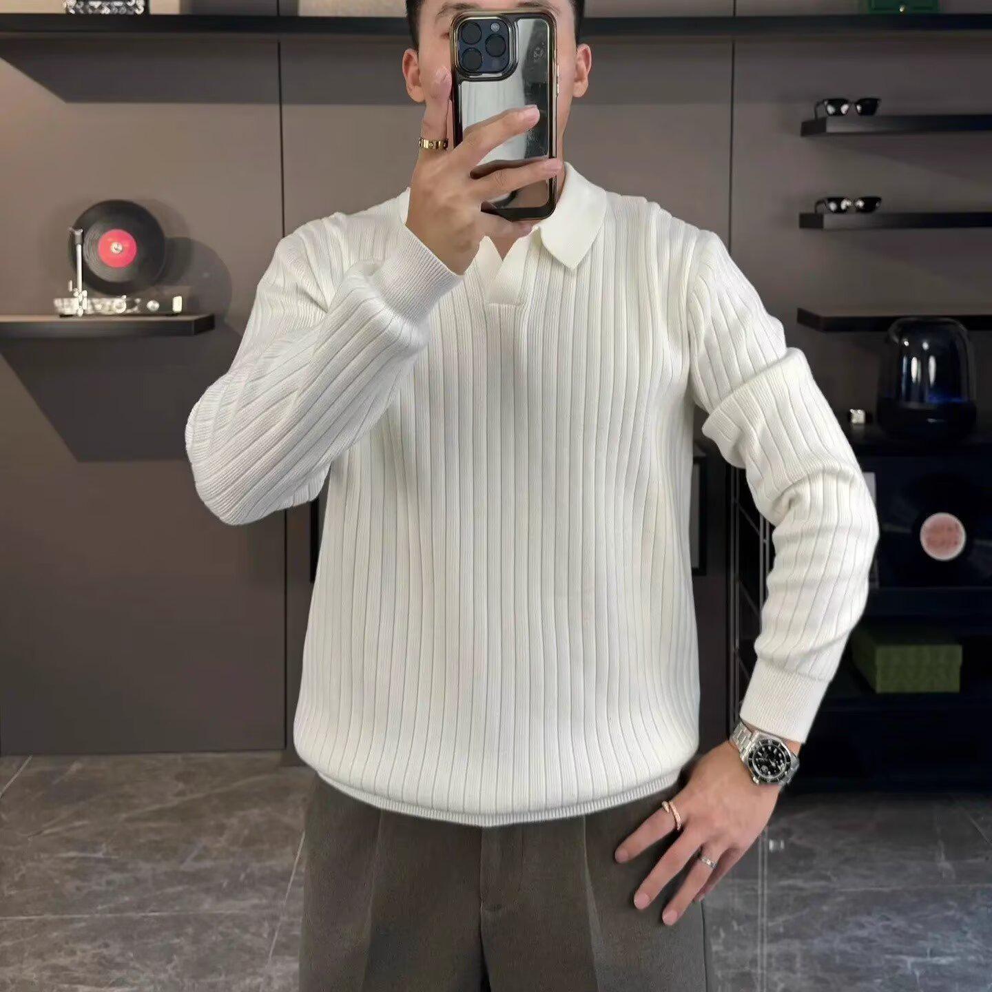 Men s Trendy Solid Polo Collar Knitwear - Autumn/Winter Casual Hoodie XL белый