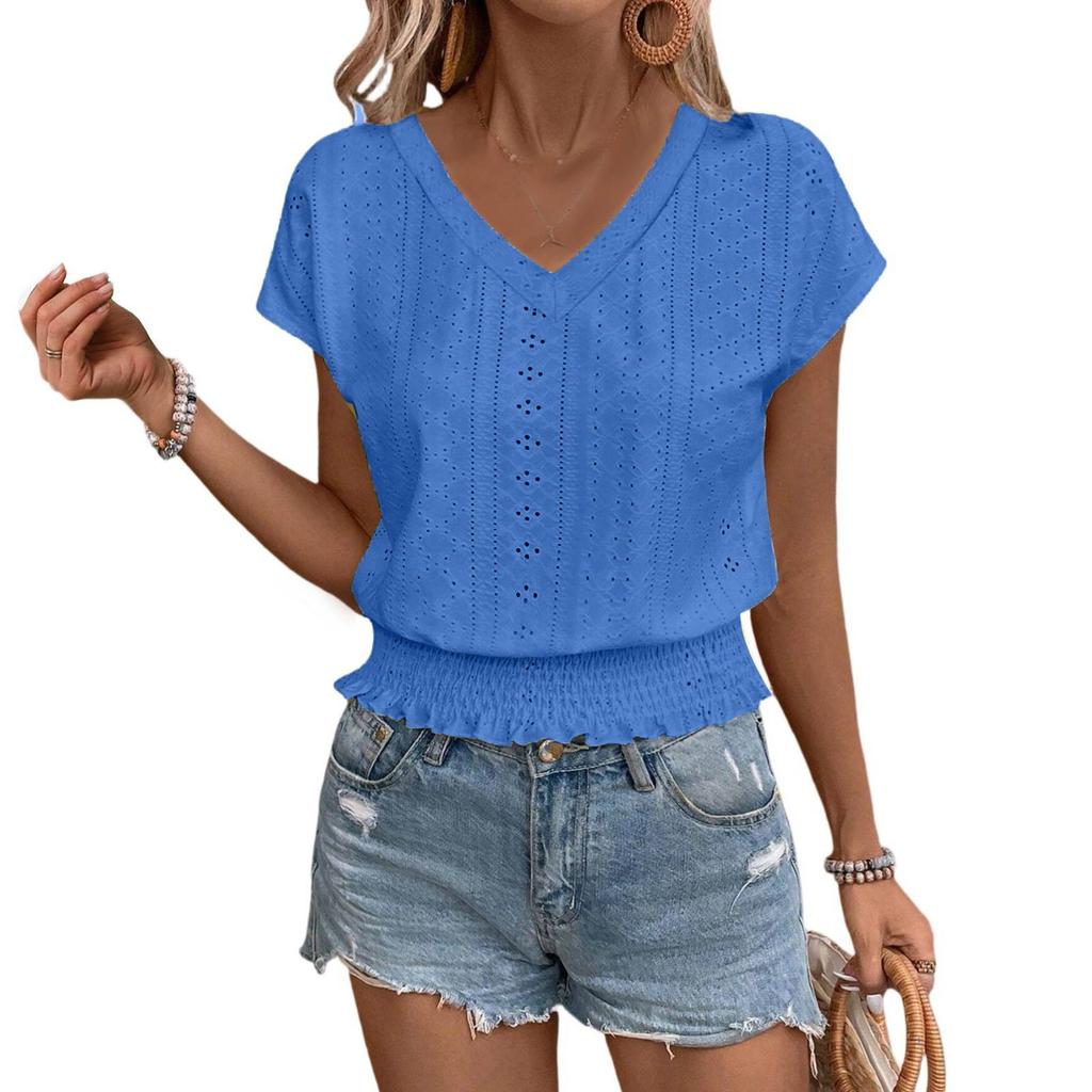 Women's Fashion V-neck Solid Color Hollow Short Sleeve Top T-shirt Summer