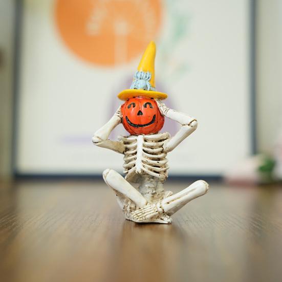 Halloween Skeleton Pumpkin Figurine Resin See Hear Speak No Evil Pumpkin Head Skeleton Statue for Home Haunted House Decor