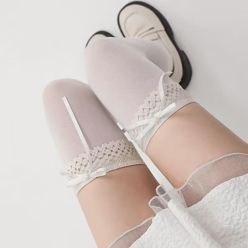 Women's Socks Lolita Lace Pearl Bow Maid White Color Simple Fashion Knee-high Thigh-high Socks Cute Kawaii For Girls Funny Socks