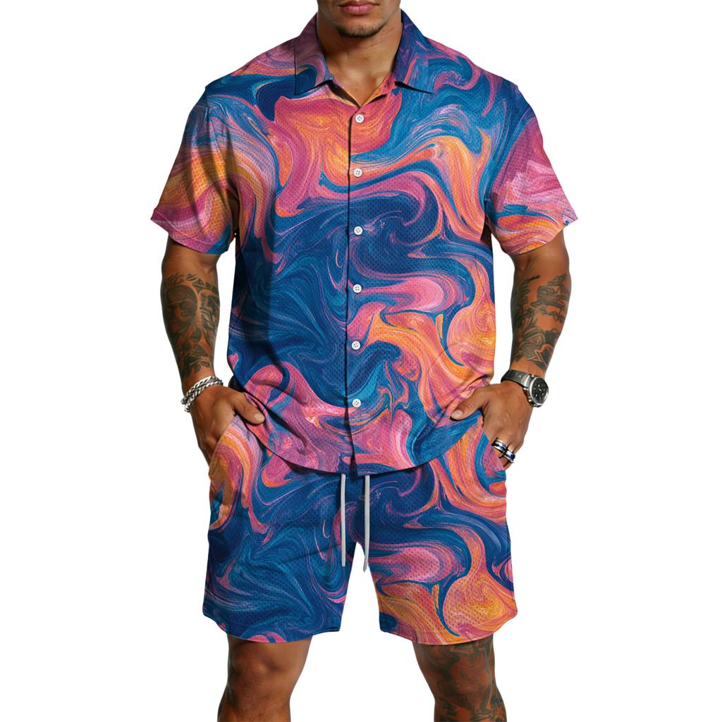 Men's Casual Lightweight Breathable Short Sleeve Shirt with Drawstring Shorts Set Swirl Pattern Summer Outfit for Outdoor Use