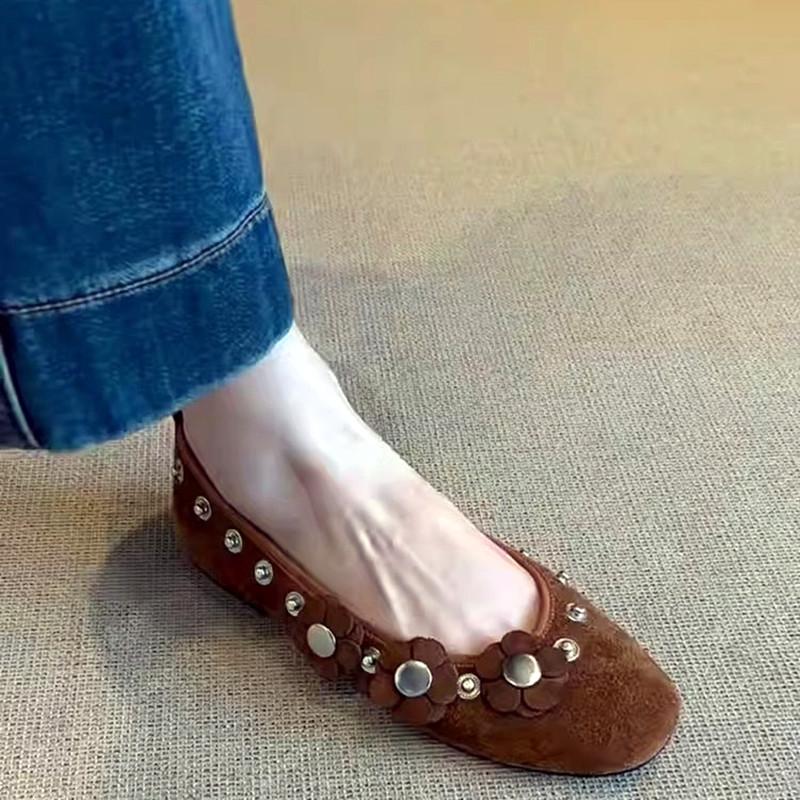 Fashion Brown Metal Button Flower Decoration Ballet Flats Women Faux Suede Design Loafers Elegant Comfortable Mary Jane Shoes for Women